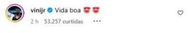 Vini Jr. comentou na publicação de Virginia Fonseca