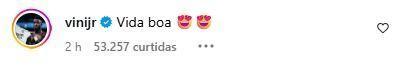 Vini Jr. comentou na publicação de Virginia Fonseca
