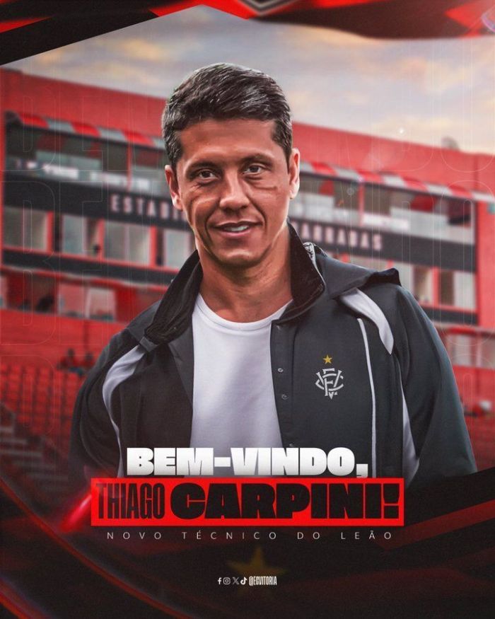 Em montagem, Thiago Carpini aparece com o Barradão, estádio do Vitória, ao fundo