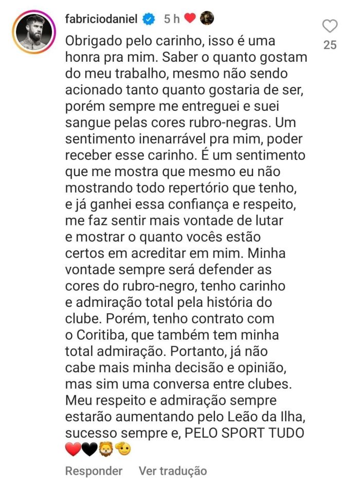 Fabrício Daniel escreveu nas redes sociais sobre desejo de ficar no Sport