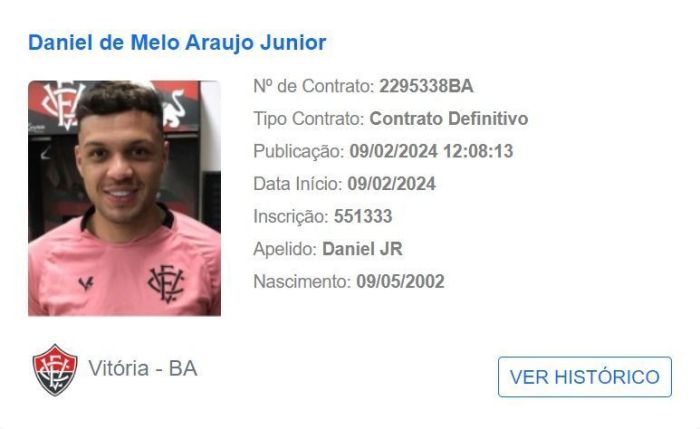 Contrato de Daniel Jr foi publicado no BID nesta sexta-feira (9)