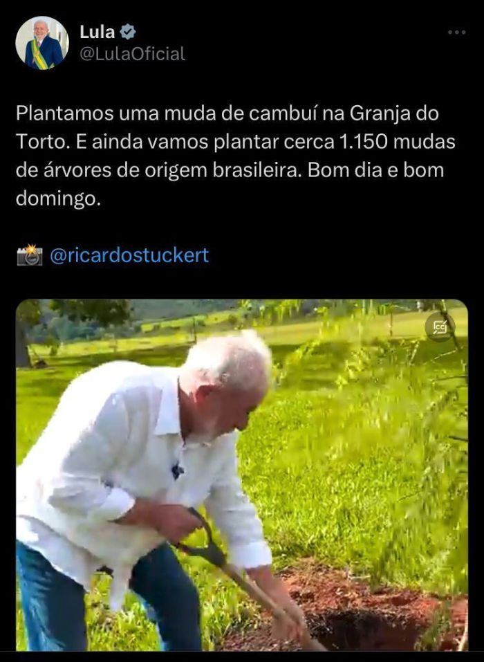 O presidente Luiz Inácio Lula da Silva (PT) decidiu aproveitar o domingo (7) de folga para plantar árvores na Granja do Torto