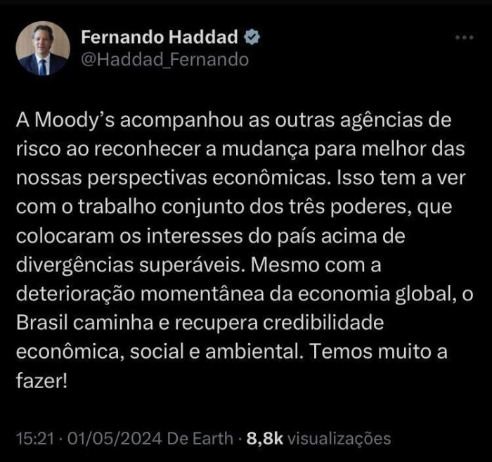 O ministro da Fazenda, Fernando Haddad, se manifestou sobre a elevação do rating do Brasil