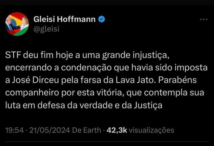 Gleisi Hoffmann comenta decisão do STF que anulou as condenações do ex-ministro José Dirceu no âmbito da Operação Lava Jato Gleisi Hoffmann comenta decisão do STF que anulou as condenações do ex-ministro José Dirceu no âmbito da Operação Lava Jato