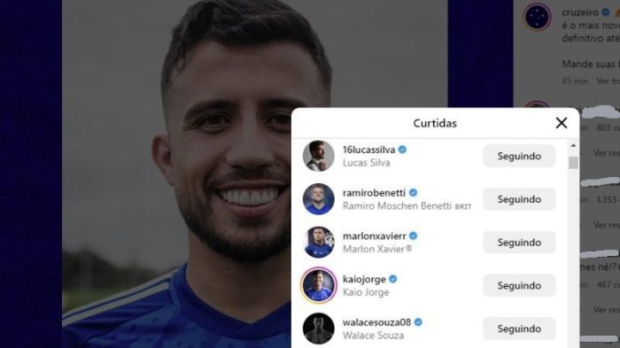 Curtida de Walace e outros jogadores do Cruzeiro na publicação do anúncio da contratação de Matheus Henrique