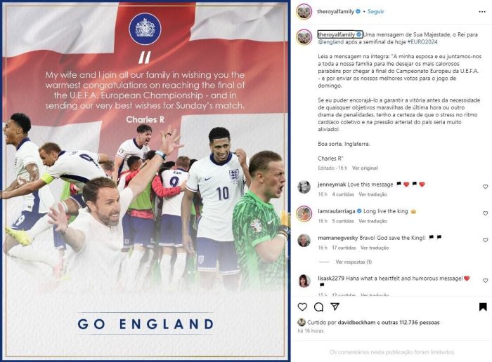 Mensagem de Rei Charles III publicada à Seleção Inglesa de Futebol