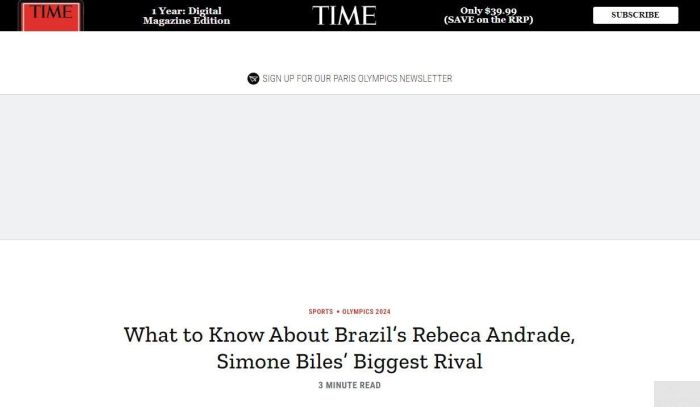 Revista americana Times fala sobre vitória de Rebeca Andrade