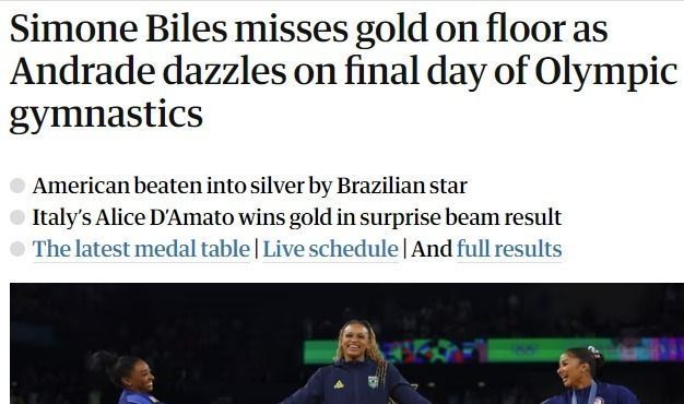 Jornal The Guardian, da Inglaterra repercute sobre vitória de Rebeca Andrade