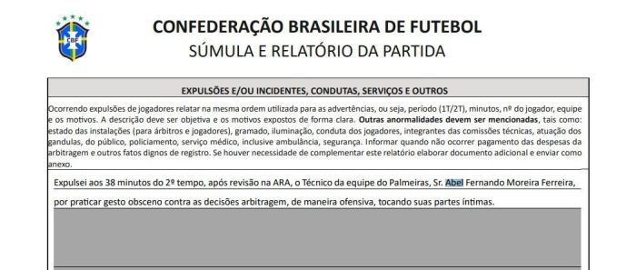 Súmula de Palmeiras 1 x 0 Flamengo explica expulsão do técnico Abel Ferreira