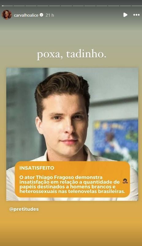 Atriz de Renascer responde fala de Thiago Fragoso