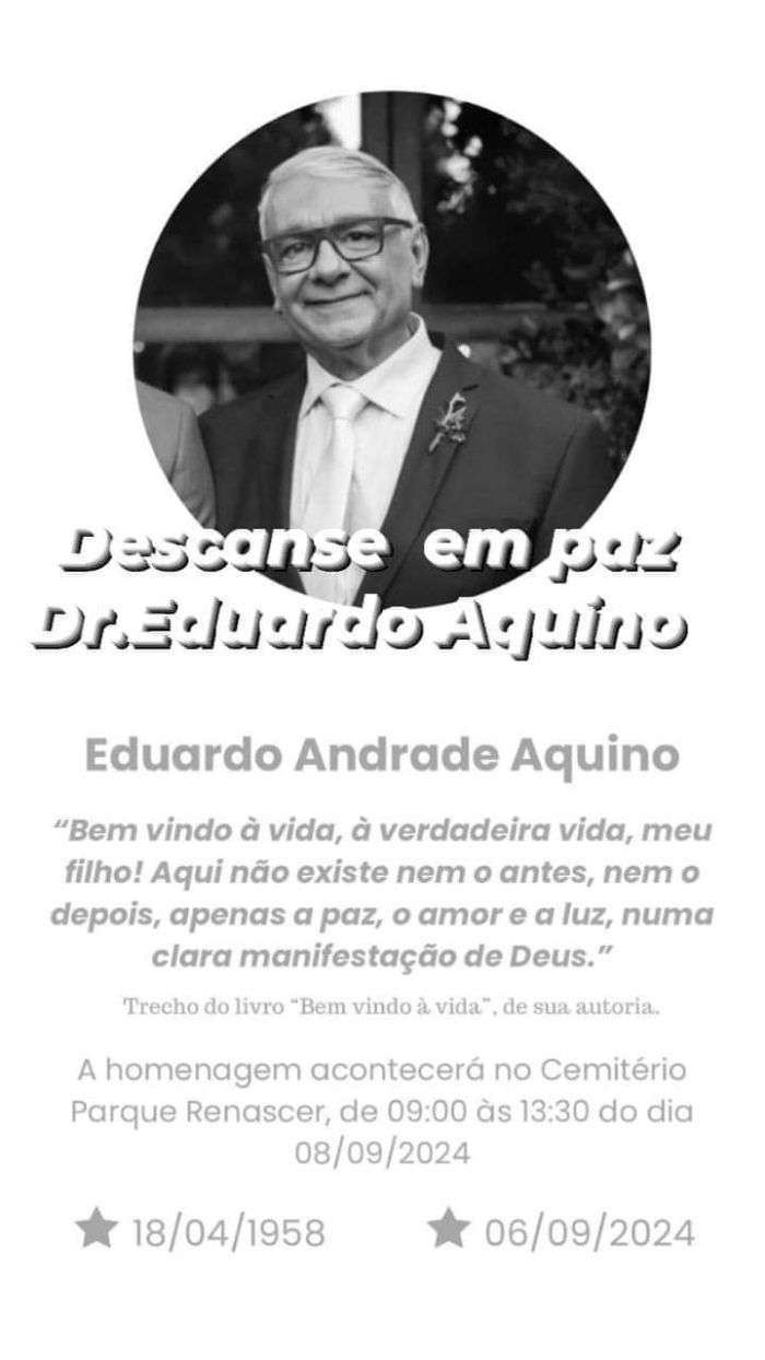 Despedida de Eduardo Aquino será neste domingo (8) no Cemitério Parque Renascer, a partir das 9h