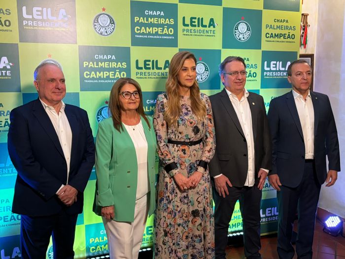 Leila e seus candidatos a vice durante evento de lançamento da candidatura à reeleição no Palmeiras Leila e seus candidatos a vice durante evento de lançamento da candidatura à reeleição no Palmeiras