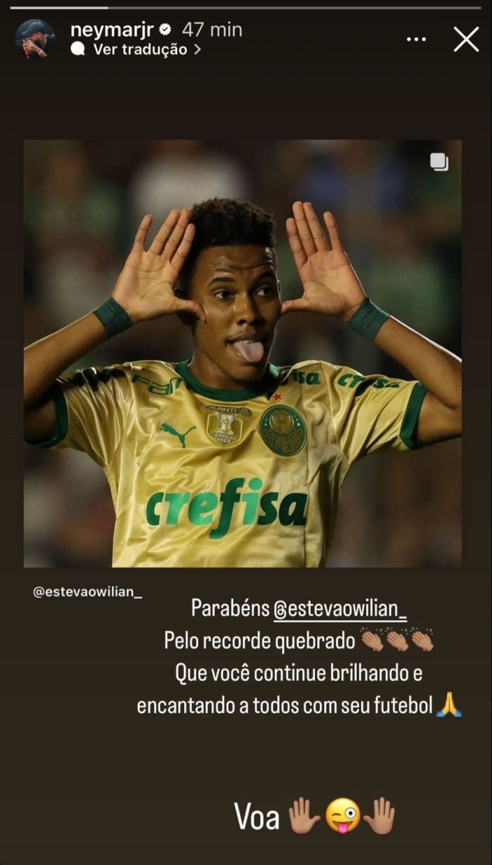 Publicação do Neymar parabenizando Estevão, do Palmeiras