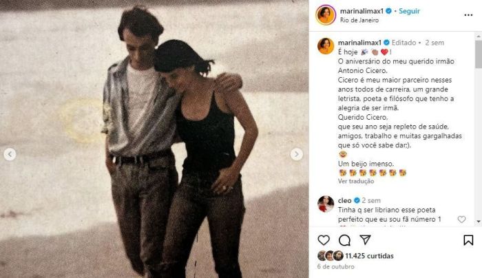 Marina Lima desejou feliz aniversário para o irmão Antonio Cicero, no dia 6 de outubro em suas redes sociais. Marina Lima desejou feliz aniversário para o irmão Antonio Cicero, no dia 6 de outubro em suas redes sociais.