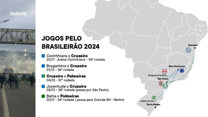 Mapa mostra 'jogos de risco' para torcedores do Cruzeiro e Palmeiras 
