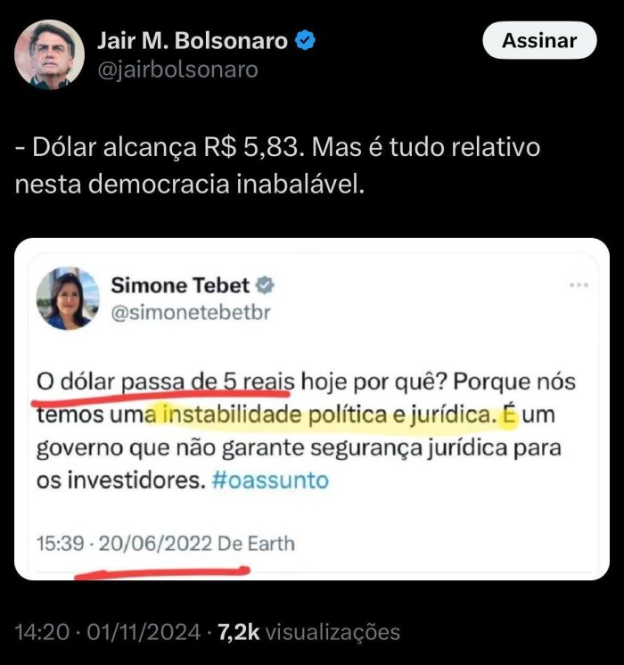 O ex-presidente Jair Bolsonaro ironizou a nova alta do dólar