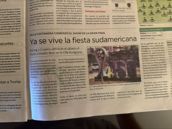 Destaque da imprensa paraguaia para a final entre Racing e Cruzeiro
