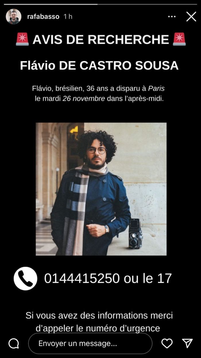 Mensagem sobre desaparecimento de Flávio de Castro Sousa, brasileiro que sumiu em Paris