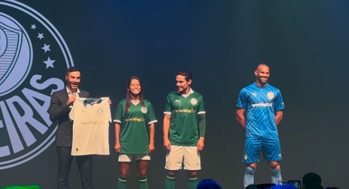 Weverton, Veiga e Laís, do feminino, em evento de apresentação do novo patrocínio do Palmeiras