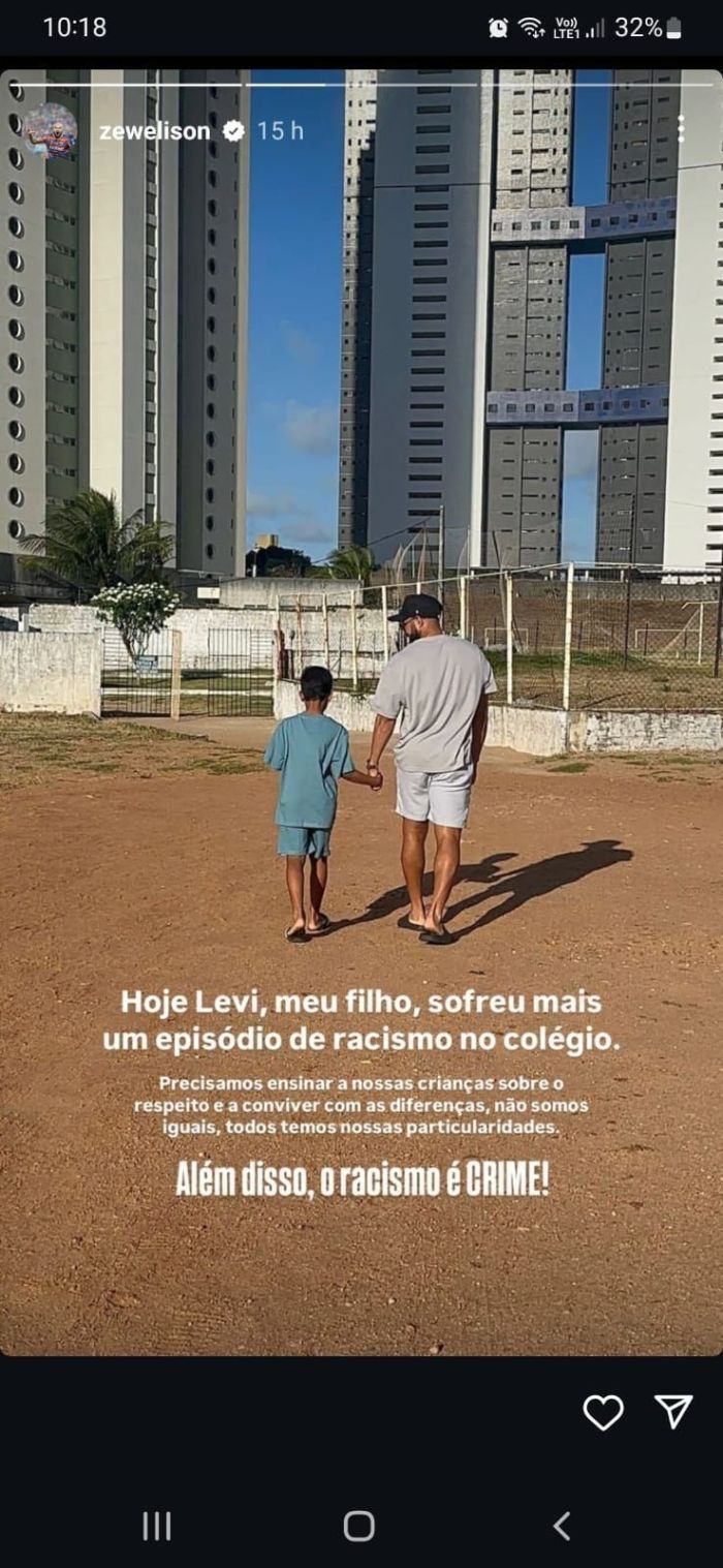 Post de Zé Welison denuncia racismo que filho sofreu no colégio