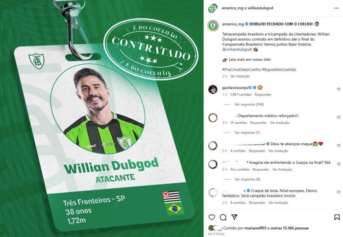 Gustavo Scarpa comentou na publicação do anúncio de Willian Bigode pelo América