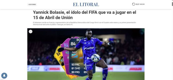 A matéria do portal El Litoral sobre Yannick Bolasie, do Cruzeiro