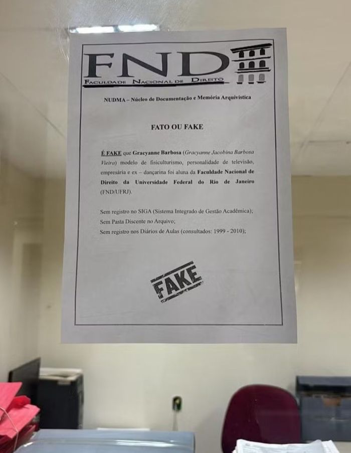 Comunicado da Faculdade Nacional de Direito sobre Gracyanne Barbosa