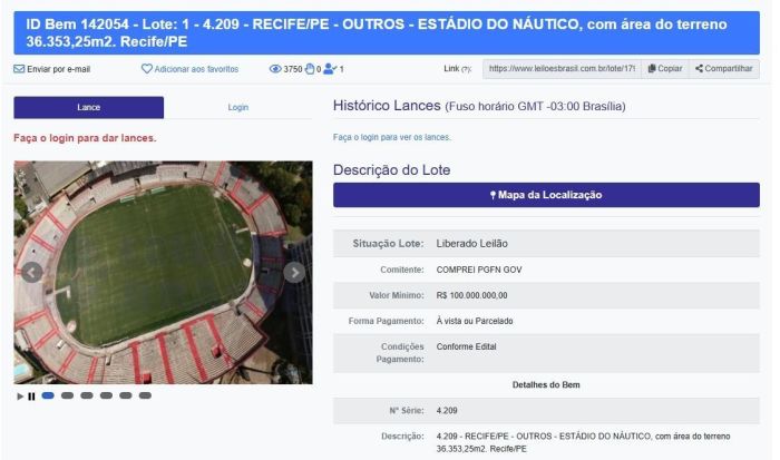 Estádio dos Aflitos, do Náutico, irá a leilão por conta de dívidas fiscais