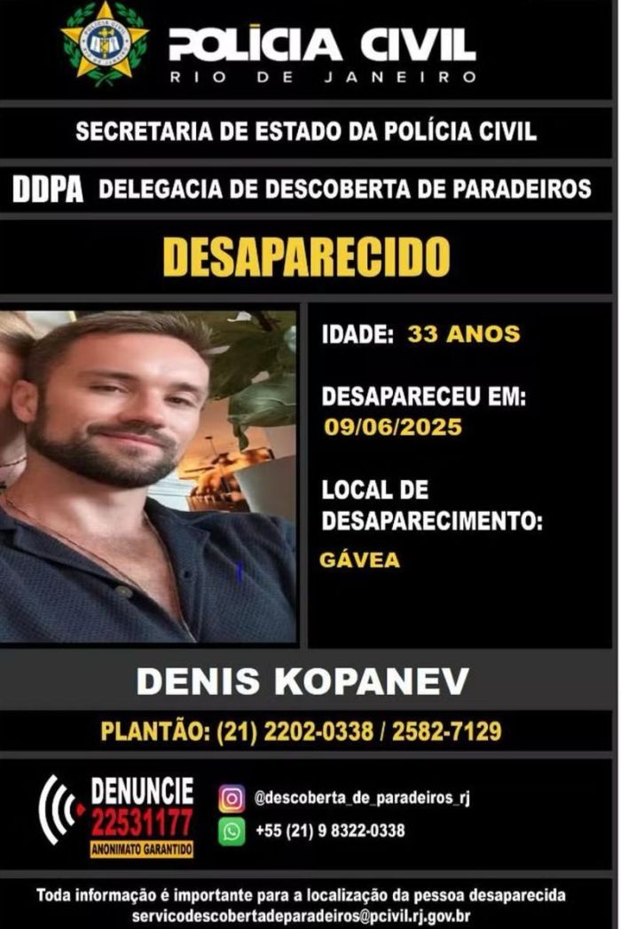 cartaz com foto e dados do turista russo desaparecido no rj