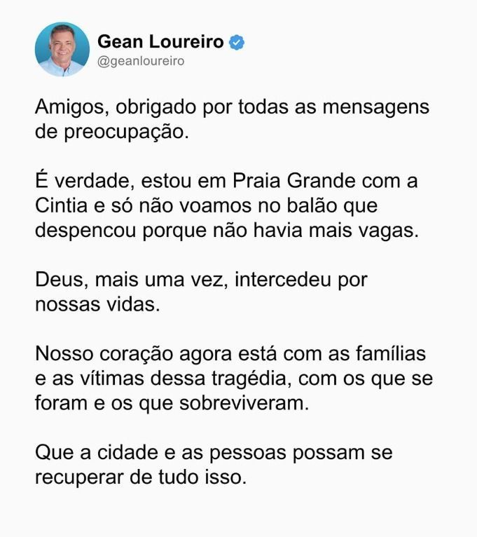 Postagem do ex-prefeito de Florianópolis, Gean Loureiro