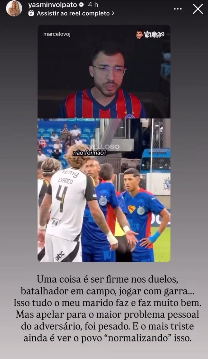 Post de Yasmin Volpato, esposa de Lyanco, zagueiro do Atlético