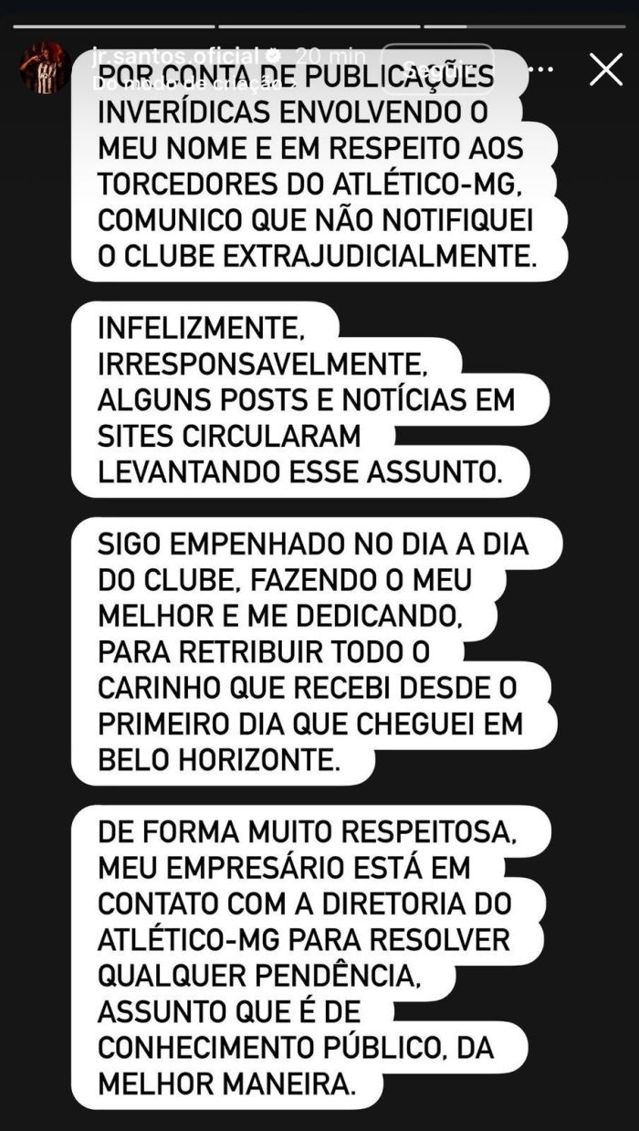 Pronunciamento de Júnior Santos, do Atlético, pelo Instagram