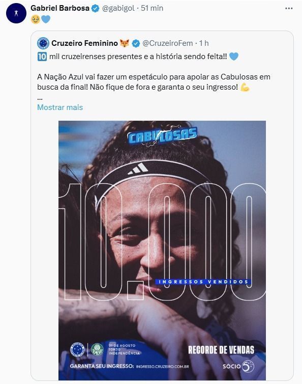 Gabigol reagiu à venda de ingressos para Cruzeiro x Palmeiras pelo Brasileiro Feminino Gabigol reagiu à venda de ingressos para Cruzeiro x Palmeiras pelo Brasileiro Feminino