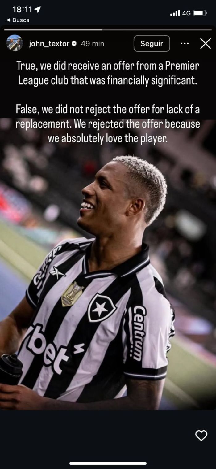 John Textor usou as redes sociais para confirmar a rejeição à proposta do Fulham
