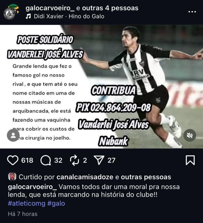 Post pedindo ajuda para Vanderlei, ex-jogador do Atlético Post pedindo ajuda para Vanderlei, ex-jogador do Atlético