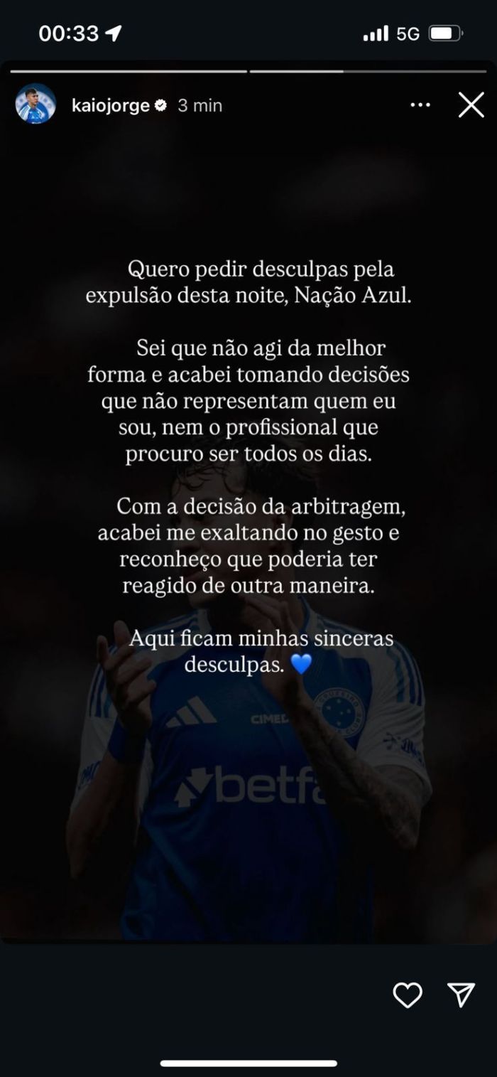Publicação de Kaio Jorge após a partida entre Atlético e Cruzeiro Post Kaio Jorge