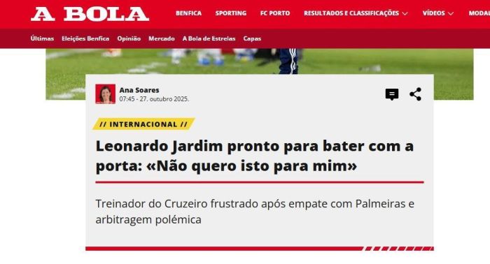 Publicação de A Bola sobre Palmeiras x Cruzeiro
