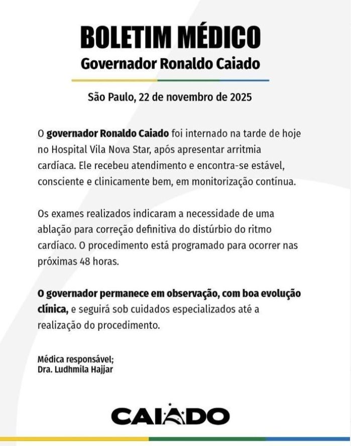 Nota divulgada sobre o estado de saúde de Ronaldo Caiado