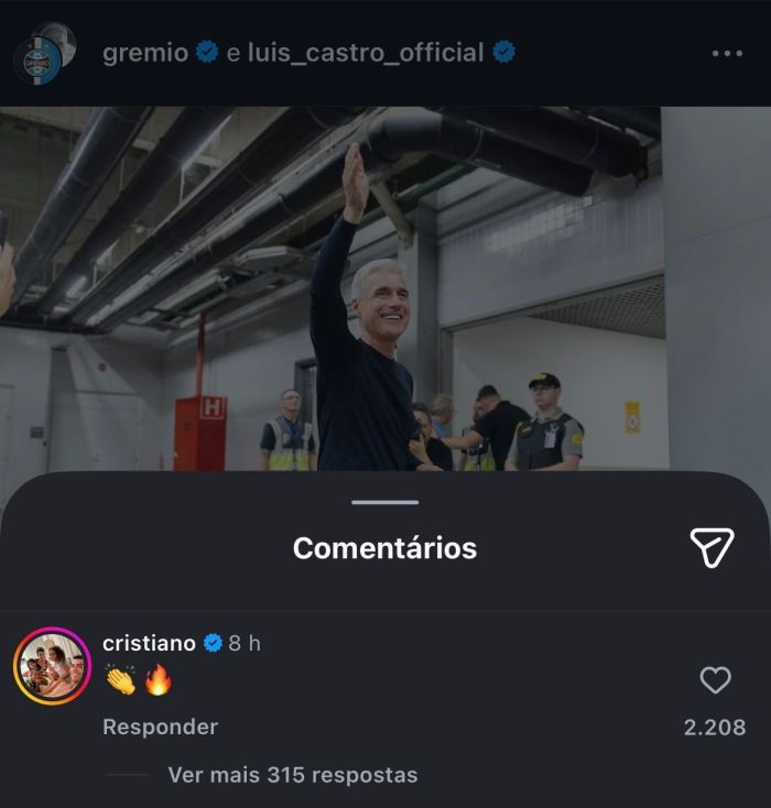 Cristiano Ronaldo comenta post do Grêmio em conjunto com Luís Castro