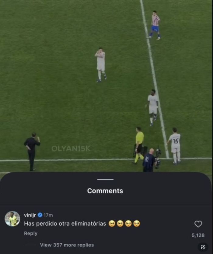Vini Jr escreve comentário provocando Simeone após classificação do Real Vini Jr escreve comentário provocando Simeone após classificação do Real