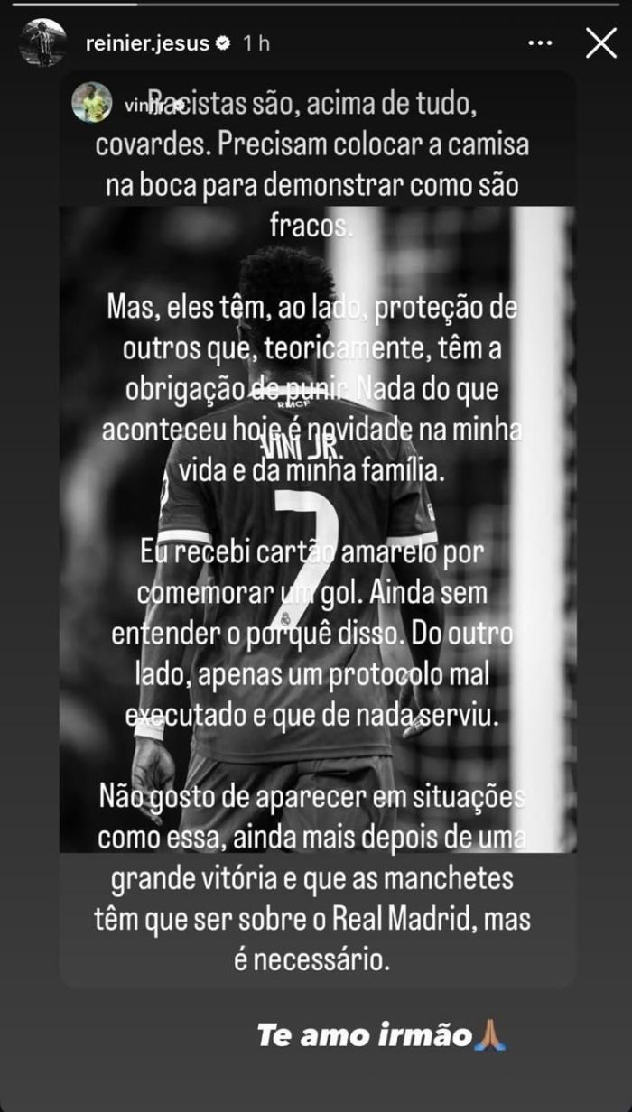 Publicação de Reinier nas redes sociais para Vinicius Júnior, do Real Madrid Publicação de Reinier nas redes sociais para Vinicius Júnior, do Real Madrid