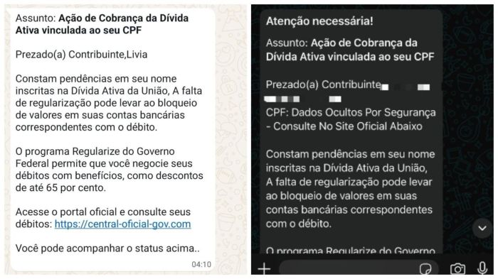 Mensagens falsas recebidas Mensagens falsas recebidas