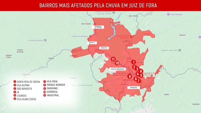 Bairros mais afetados pelas chuvas em Juiz de Fora