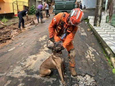 Cabo Thiago e cadela Áquila atuam nos resgates na Zona da Mata