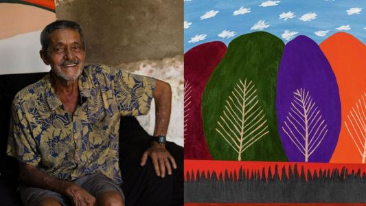 A mostra é a primeira individual de Joaquim Dimas Fidelis, artista mineiro cuja pintura nasce de uma relação intuitiva com a cor, a memória e a imaginação