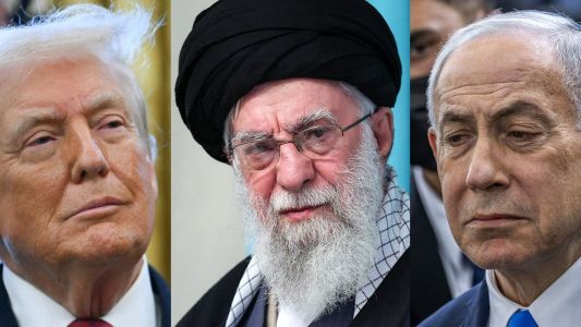 Donald Trump (dos Estados Unidos), Ayatollah Ali Khamenei (do Irã) e Benjamin Netanyahu (de Israel)