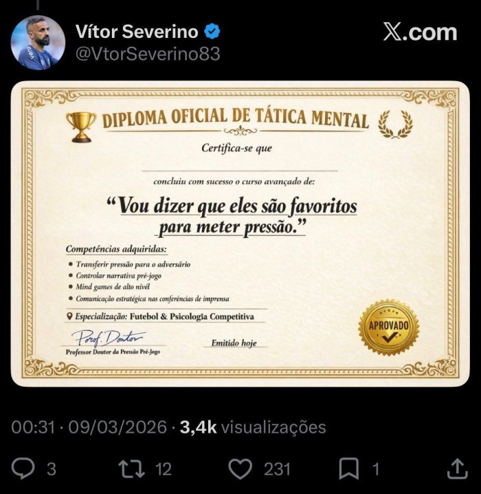 Certificado irônico do auxiliar do Grêmio