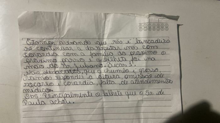 Carta entregue pelos criminosos ao motorista
