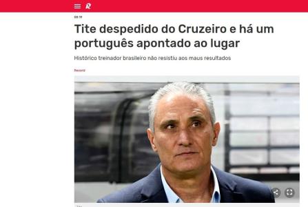 Matéria do site Record, de Portugal, sobre a demissão de Tite no Cruzeiro
