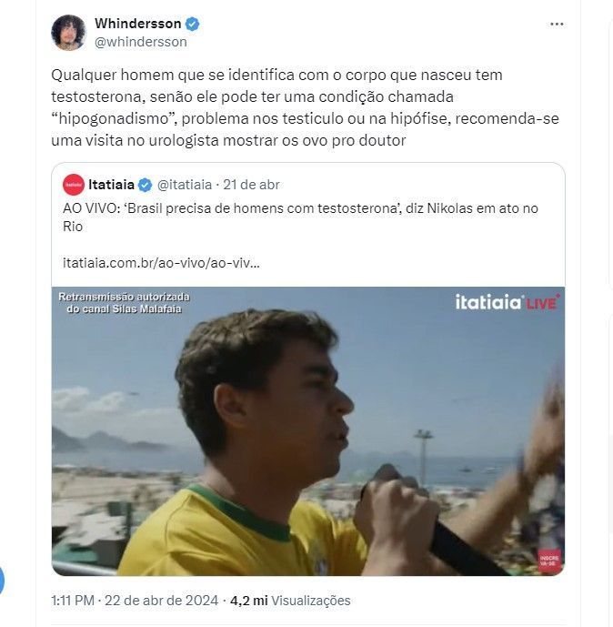 Whindersson Nunes compartilhou matéria da Itatiaia com fala de Nikolas Ferreira